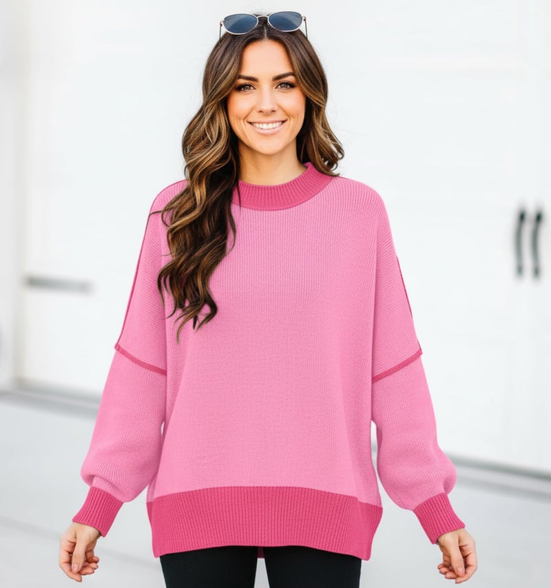 ETCYY Womens Sweaters Fall 2026 Batwing Long Sleeve Side Slit Knit Tops Crew Neck Striped Oversized Sweater Pullover,Pink,Large - Image 2