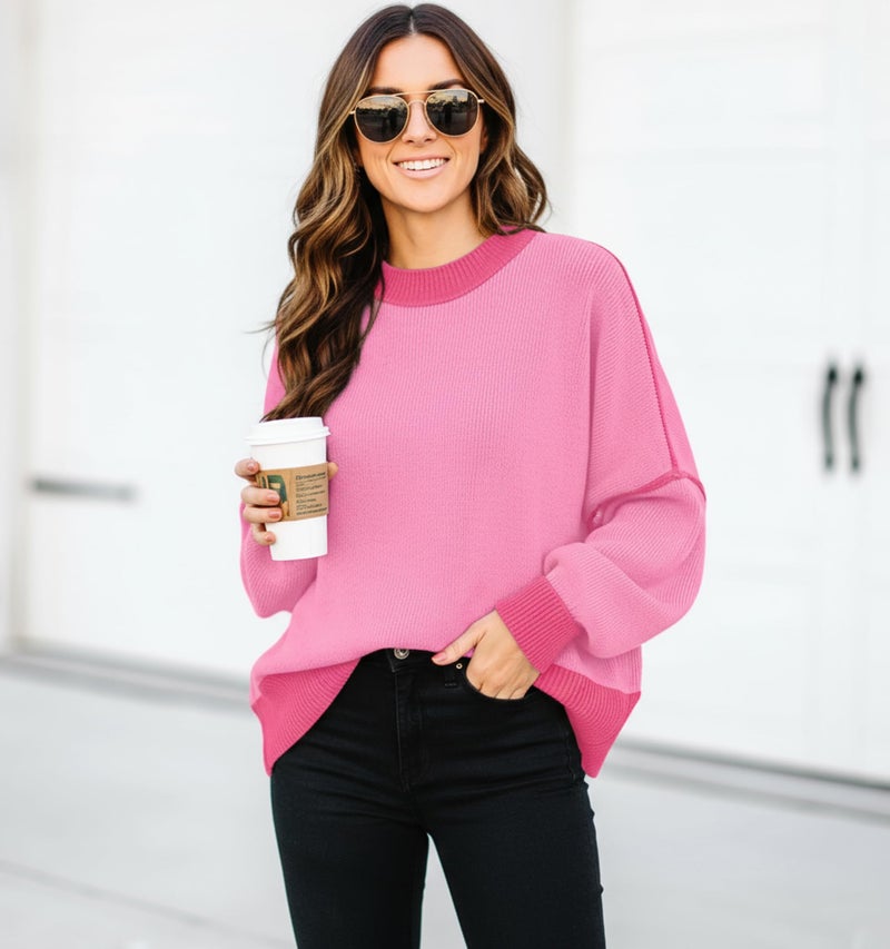 ETCYY Womens Sweaters Fall 2026 Batwing Long Sleeve Side Slit Knit Tops Crew Neck Striped Oversized Sweater Pullover,Pink,Large - Image 4