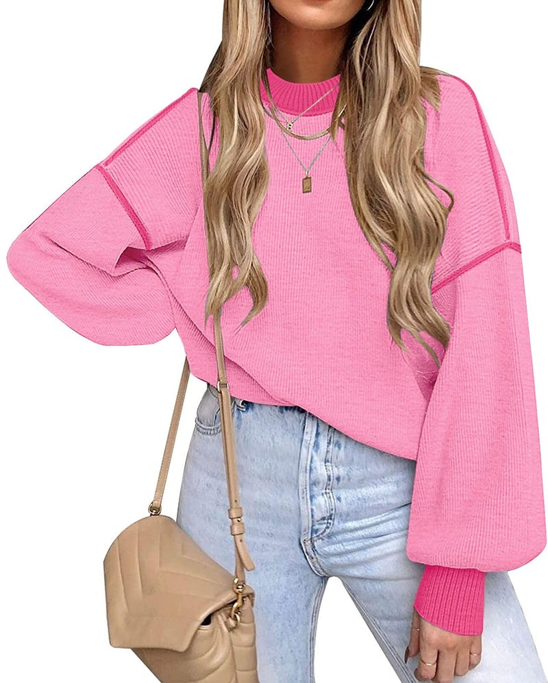 ETCYY Womens Sweaters Fall 2026 Batwing Long Sleeve Side Slit Knit Tops Crew Neck Striped Oversized Sweater Pullover,Pink,Large - Image 1
