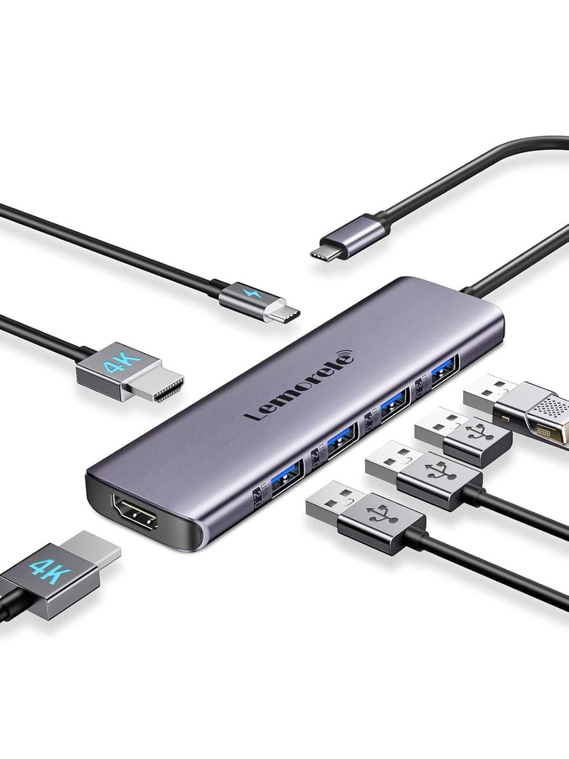 Lemorele محطة إرساء USB-C 7 في 1 لأجهزة اللابتوب | HDMI مزدوج 4K | USB 3.0 | 3 x USB 2.0 | 100W PD | متوافقة مع MacBook Pro و Dell و HP و Surface و Lenovo Yoga - Image 1