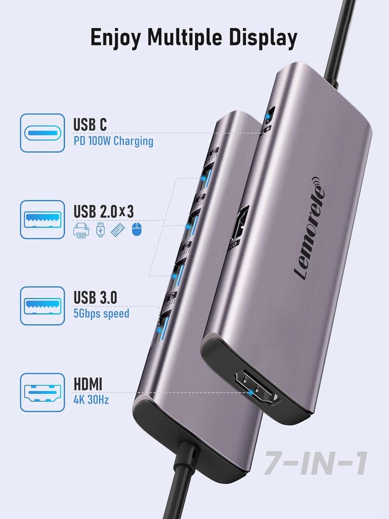 Lemorele محطة إرساء USB-C 7 في 1 لأجهزة اللابتوب | HDMI مزدوج 4K | USB 3.0 | 3 x USB 2.0 | 100W PD | متوافقة مع MacBook Pro و Dell و HP و Surface و Lenovo Yoga - Image 2