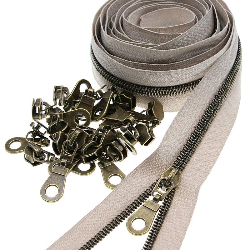 Leekayer 5 Antique Brass Teeth Metallic Nylon Coil Zippers by The Yard Bulk 10 Yards Beige Tape with 25pcs Brass Sliders for DIY Sewing Tailor Craft BagBeige