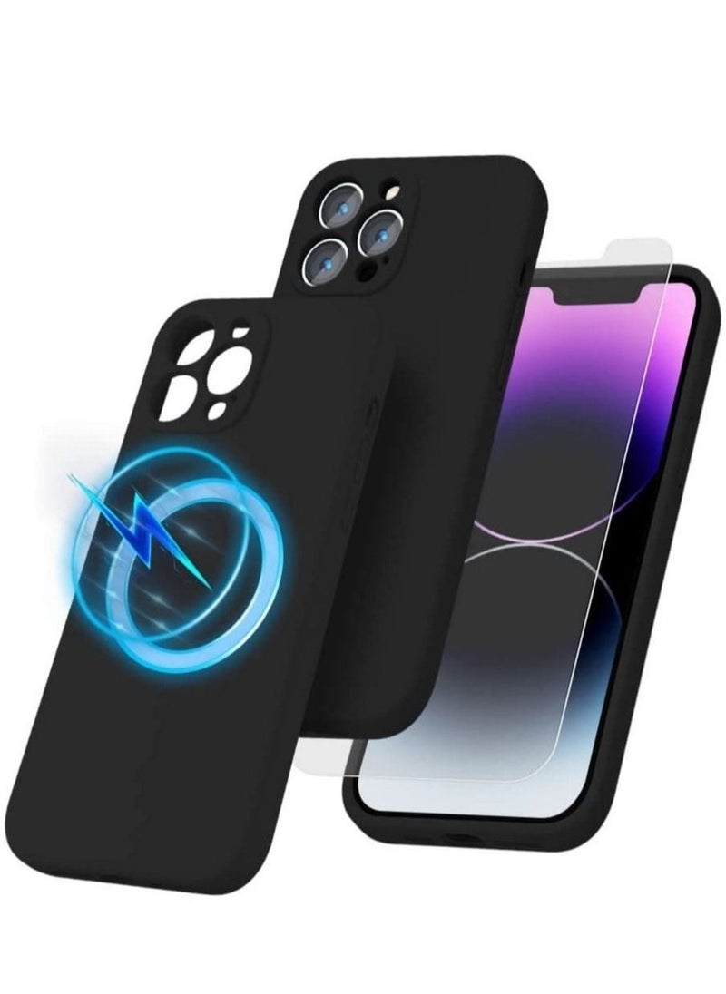 Raxoom Silicone Magnetic Case for iPhone 14 Pro + 2 Pack Tempered Glass Screen Protector Magsafe Case Silicone Phone Case with Microfiber Lining for iPhone 14 Pro 6.1 inch 2022,Black - Image 1