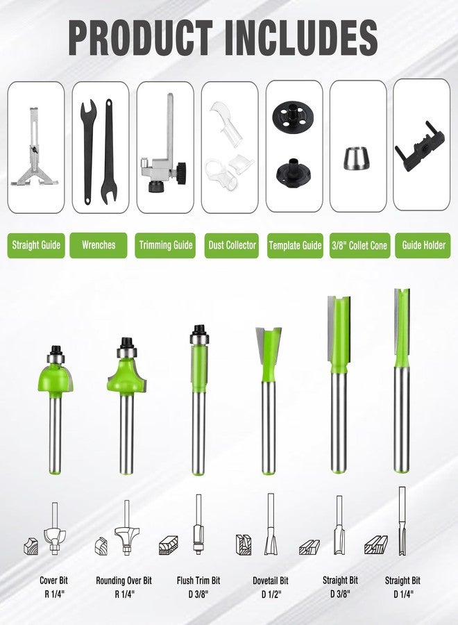 ووركبرو مجموعة أدوات التوجيه المدمجة WORKPRO، جهاز توجيه مدمج 6.5 أمبير بقاعدة ثابتة وجهاز توجيه غاطس لأعمال النجارة والتشذيب والتقطيع، 6 سرعات متغيرة حتى 32000 دورة في الدقيقة - Image 3
