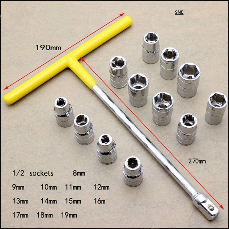 SNE 13PCS Vehicle Car T Shaped Handle Wrench Spanner with 8-19mm 1/2 Socket Tool Set 40 in 1 Hex Star Torx Spline Socket Bit Set Tool Kit Garage Equipment Tools - Image 3