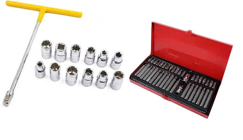 SNE 13PCS Vehicle Car T Shaped Handle Wrench Spanner with 8-19mm 1/2 Socket Tool Set 40 in 1 Hex Star Torx Spline Socket Bit Set Tool Kit Garage Equipment Tools - Image 1