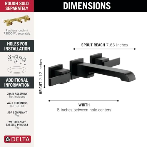 Delta Ara Wall Mount Bathroom Faucet 2 Hole, Matte Black Bathroom Sink Faucet for Vanity, Matte Black T3567LF-BLWL - Image 3