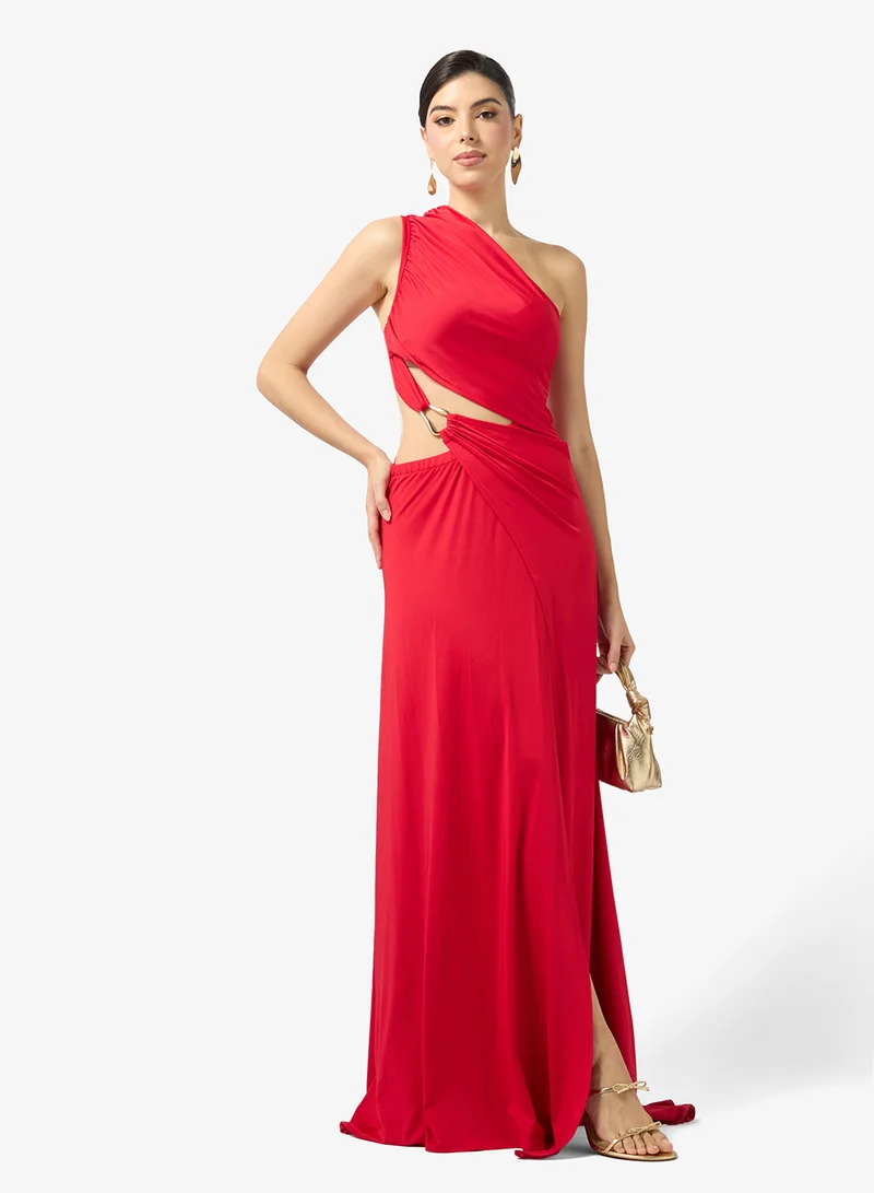Ginger Boutique  One Shoulder Cutout Detail Draped A Line Dress with Slit for Women | Best Price UAE