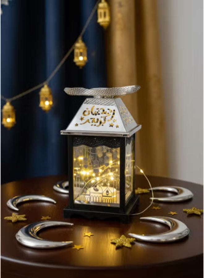 Ramadan Lantern Glass with Silver Steel Touch Islamic Decoration and Serving Plate, Silver - Image 1