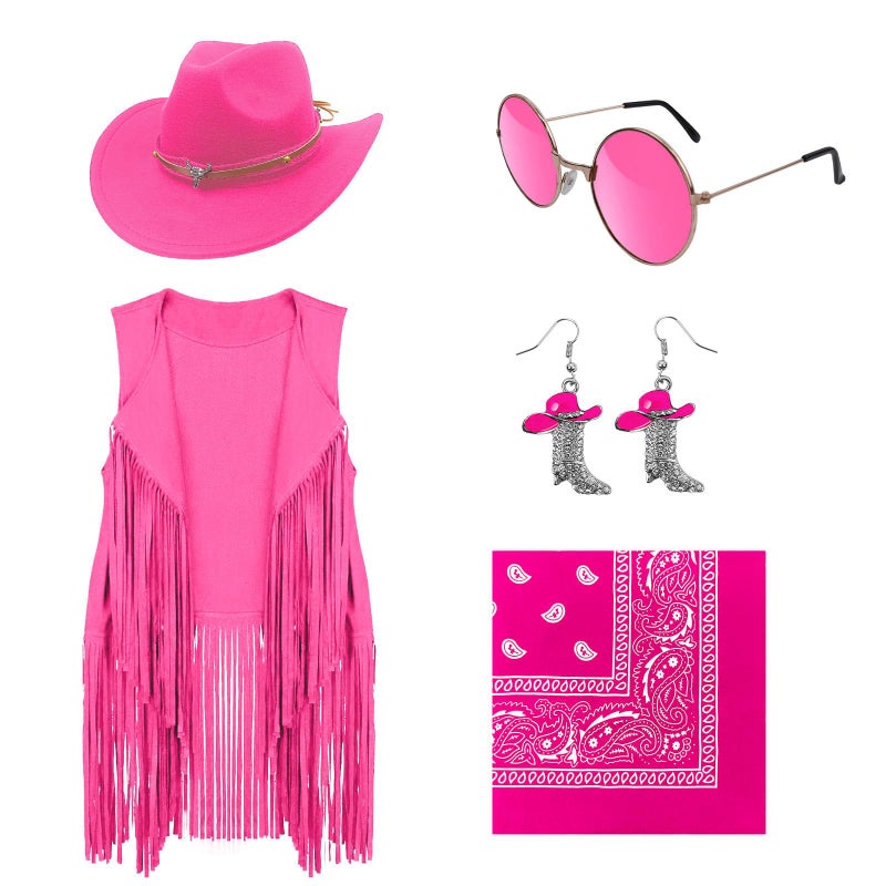 HyperFun Cowgirl Outfits for Women Western Costume Accessories Cowboy Hat Tassels Fringe Vest Earring Hippie Glasses Bandana - Image 1