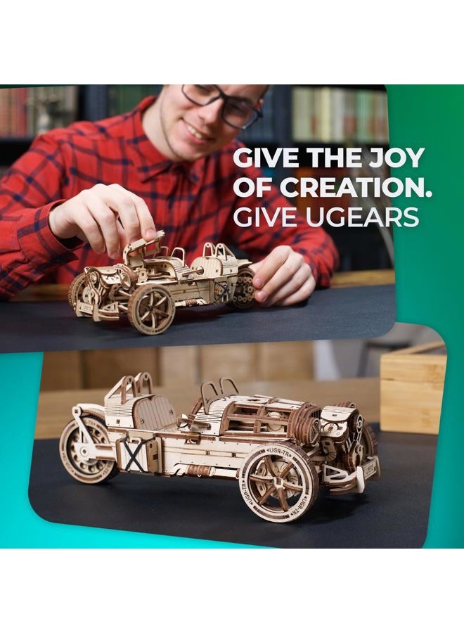 UGEARS Three-wheeler UGR-S - Wooden Motorcycle Model Kit - 3D Puzzle for Adults - 457 Piece Kit with Functional Steering & Spring Motor - Image 4
