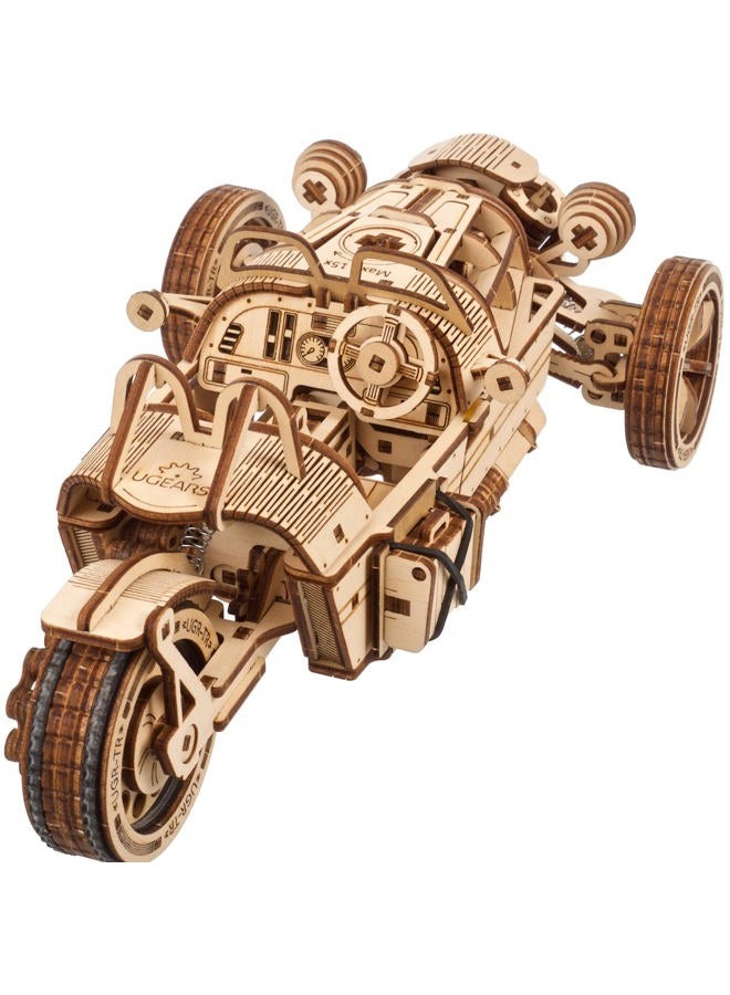 UGEARS Three-wheeler UGR-S - Wooden Motorcycle Model Kit - 3D Puzzle for Adults - 457 Piece Kit with Functional Steering & Spring Motor - Image 1