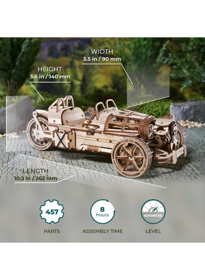 UGEARS Three-wheeler UGR-S - Wooden Motorcycle Model Kit - 3D Puzzle for Adults - 457 Piece Kit with Functional Steering & Spring Motor - Image 3