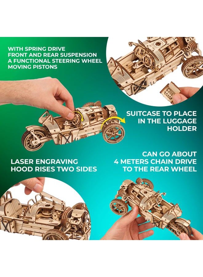 UGEARS Three-wheeler UGR-S - Wooden Motorcycle Model Kit - 3D Puzzle for Adults - 457 Piece Kit with Functional Steering & Spring Motor - Image 2