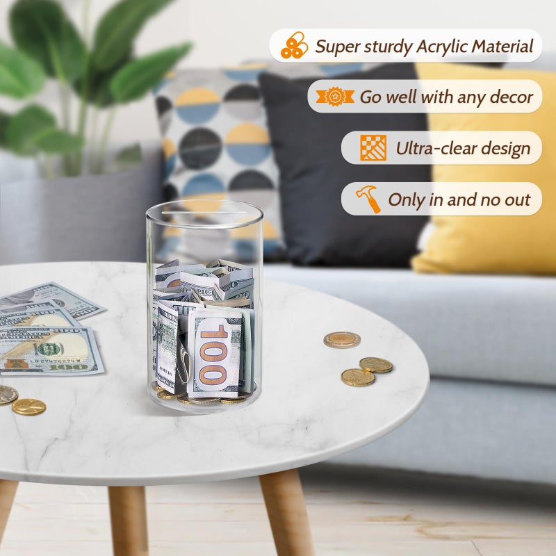 Hicocool Clear Piggy Bank, Acrylic Piggy Bank for Adults Must Break to Open, Unopenable Money Saving Box for Boys Girls Birthday Gift (6" H x 3.54" D) - Image 4