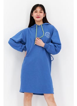 Women Hooded Graphic Sweater Dress, Blue