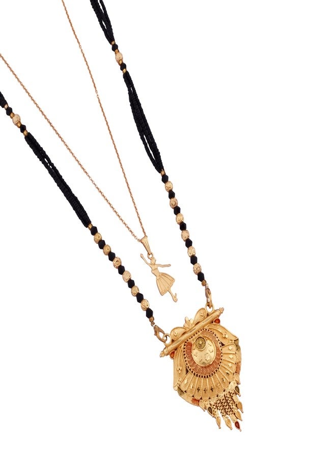 MALKYN Women's Gold Plated Ethnic Mangalsutra with Red and Black Enamel Work and Ballerina Pendant Layered Necklace Set, Traditional Black Beaded Indian Jewelry-MD-149 - Image 1
