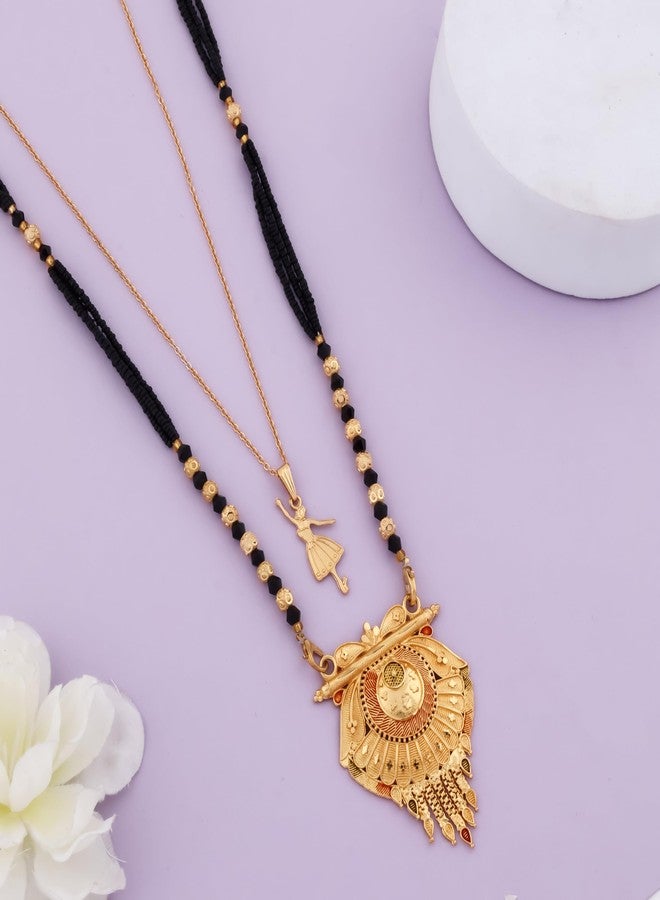 MALKYN Women's Gold Plated Ethnic Mangalsutra with Red and Black Enamel Work and Ballerina Pendant Layered Necklace Set, Traditional Black Beaded Indian Jewelry-MD-149 - Image 2