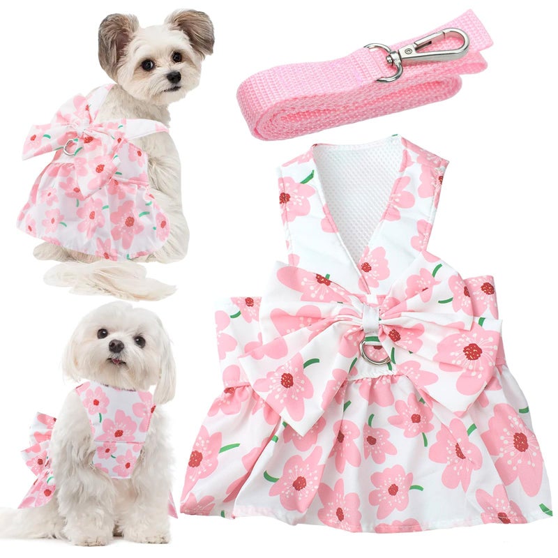 LAPOHI Dog Dress Bowknot Harness Leash Set for Small Girl Dogs Pink Floral Dog Cat Clothes Cute Puppy Outfits Pet Clothes Spring Summer Breathable DressesSamll - Image 2