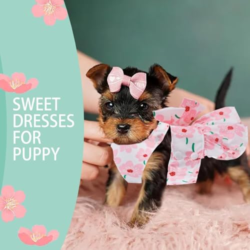 LAPOHI Dog Dress Bowknot Harness Leash Set for Small Girl Dogs Pink Floral Dog Cat Clothes Cute Puppy Outfits Pet Clothes Spring Summer Breathable DressesSamll - Image 3
