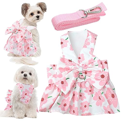LAPOHI Dog Dress Bowknot Harness Leash Set for Small Girl Dogs Pink Floral Dog Cat Clothes Cute Puppy Outfits Pet Clothes Spring Summer Breathable DressesSamll - Image 1
