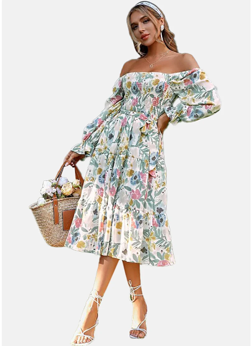 يونيكي White Flared Floral Sweetheart Neck Long Sleeve Dress