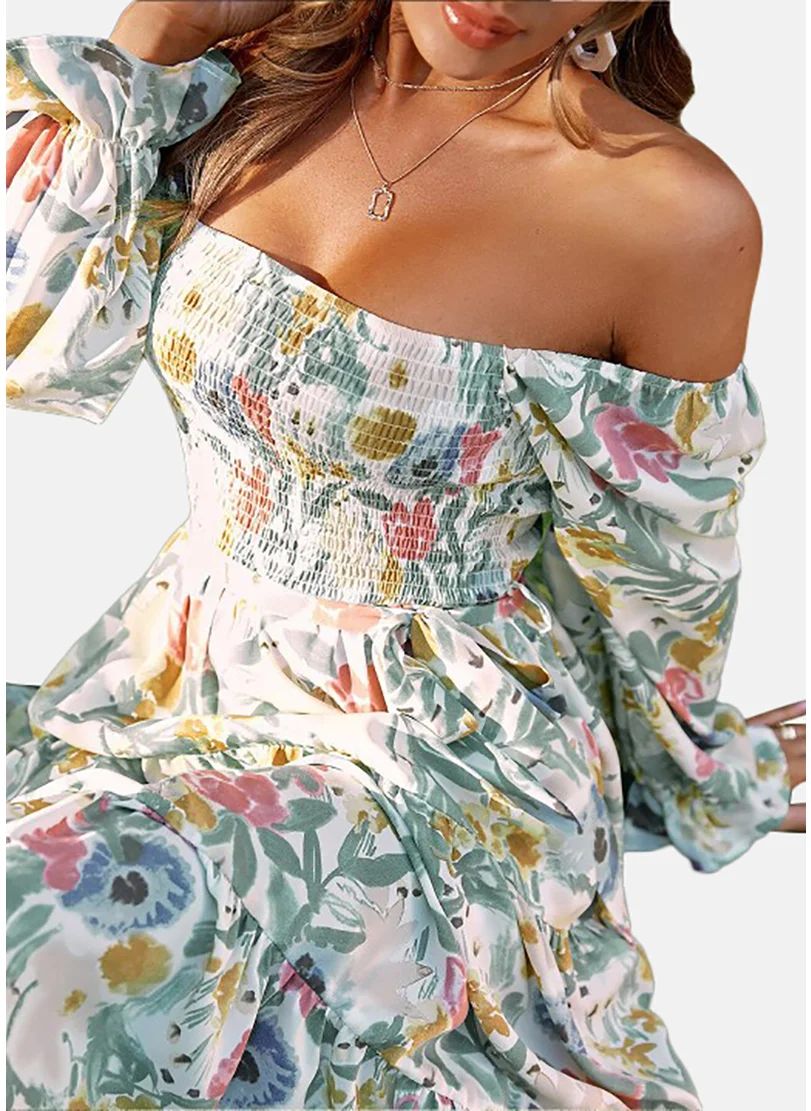 يونيكي White Flared Floral Sweetheart Neck Long Sleeve Dress