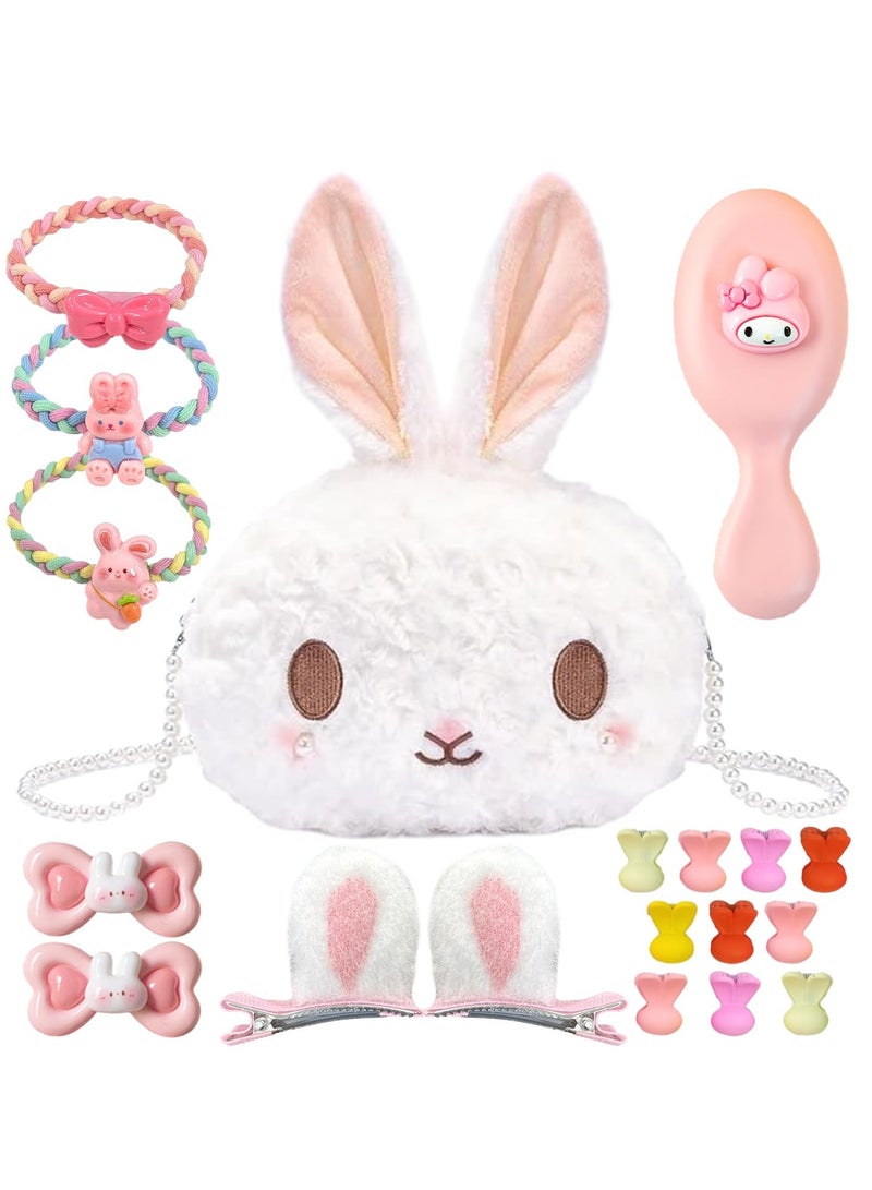 Adorable Plush Bunny Bag with Pearl Strand, Cute Handbags for Girls, Bunny Themed Kids Bags with Hair Accessories, Cartoon Bunny Hair Rope and Comb, Perfect Birthday Gifts for Toddlers - Image 1