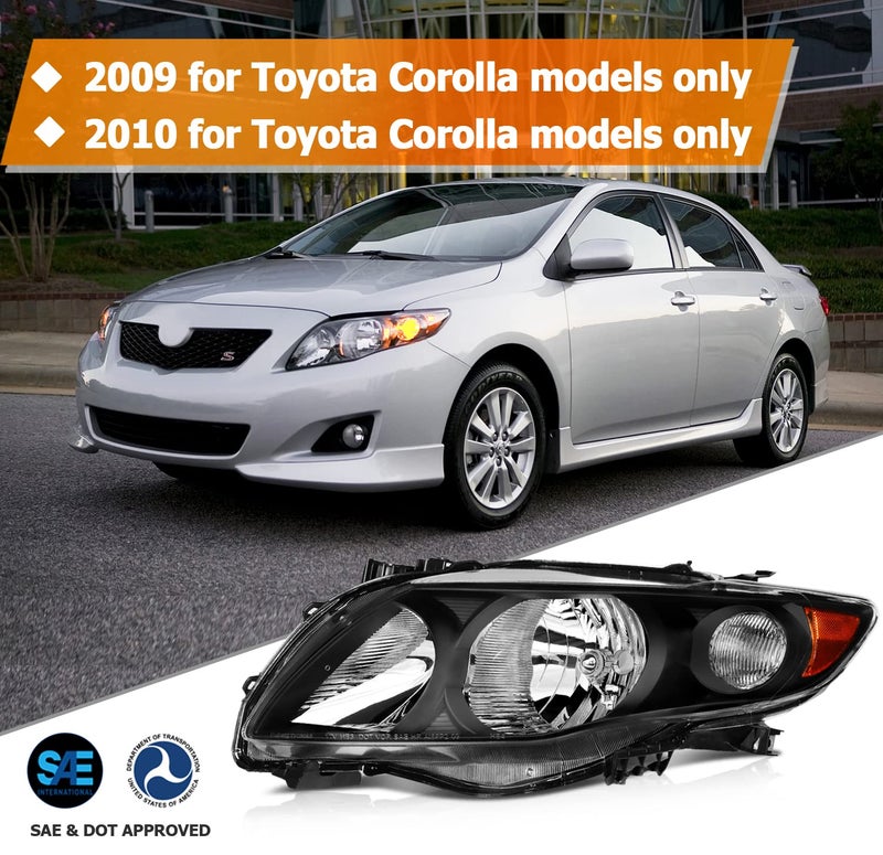 LBRST Headlight Assembly for Toyota Corolla 2009 2010 Black Housing Amber Reflector Clear Lens Driver and Passenger Side Headlamp - Image 2