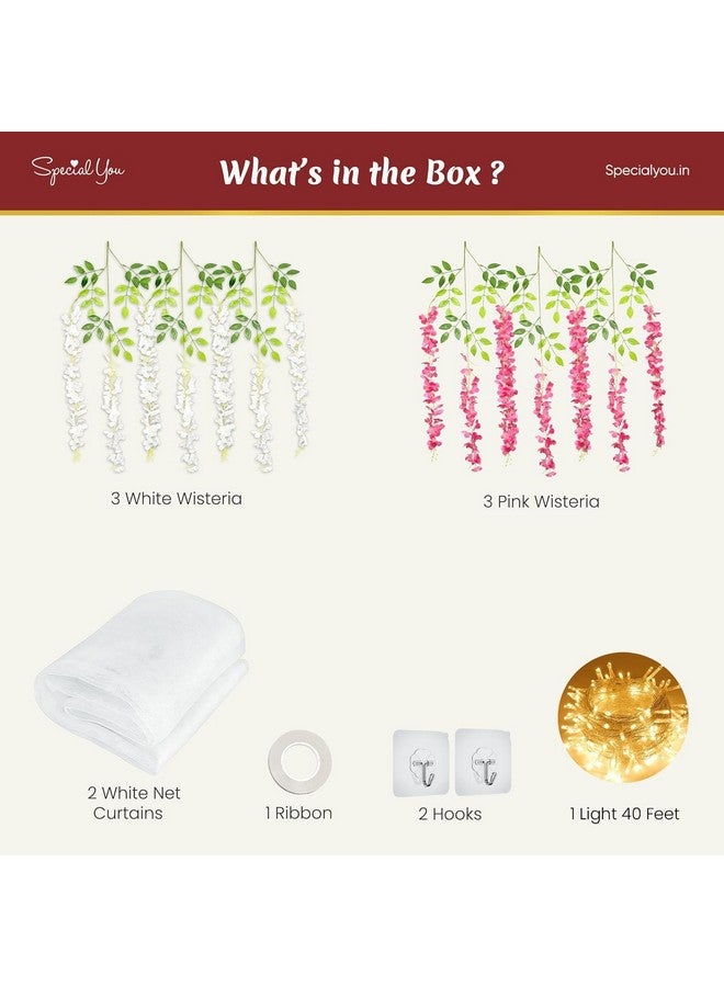 SpecialYou.in Special You Wedding Decoration Items for Home Decor with White Net Curtains, Decorative Lights, Pink & White Wisteria for Pooja Room Decoration Items, Haldi Mehndi Decoration Items - 12 Pcs - Image 3