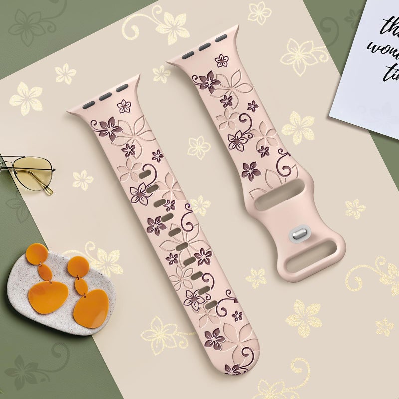 SuperNaNa Floral Engraved Bands Compatible with Apple Watch Band 41mm 40mm 44mm 45mm 42mm 38mm 46mm 49mm for Women,Cute Flower iWatch Bands Soft Silicone Sport Strap for iWatch Series SE 10 9 8 7 6 5 4 3 2 1 - Image 3