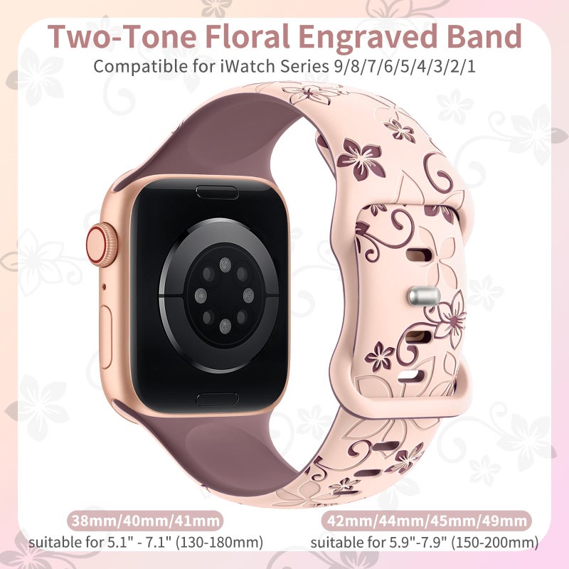 SuperNaNa Floral Engraved Bands Compatible with Apple Watch Band 41mm 40mm 44mm 45mm 42mm 38mm 46mm 49mm for Women,Cute Flower iWatch Bands Soft Silicone Sport Strap for iWatch Series SE 10 9 8 7 6 5 4 3 2 1 - Image 2
