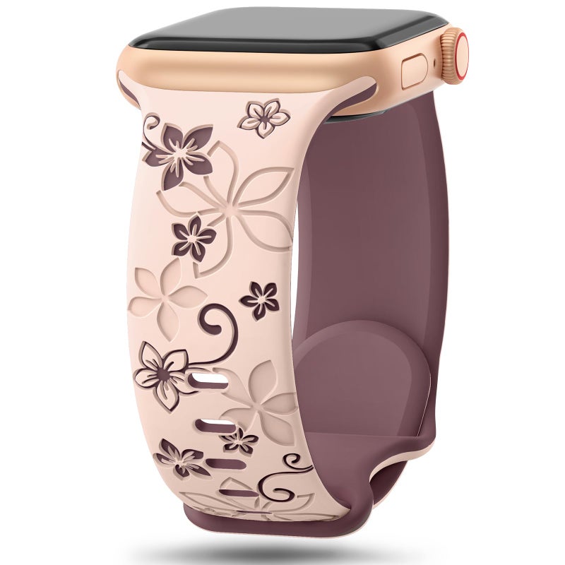 SuperNaNa Floral Engraved Bands Compatible with Apple Watch Band 41mm 40mm 44mm 45mm 42mm 38mm 46mm 49mm for Women,Cute Flower iWatch Bands Soft Silicone Sport Strap for iWatch Series SE 10 9 8 7 6 5 4 3 2 1 - Image 1
