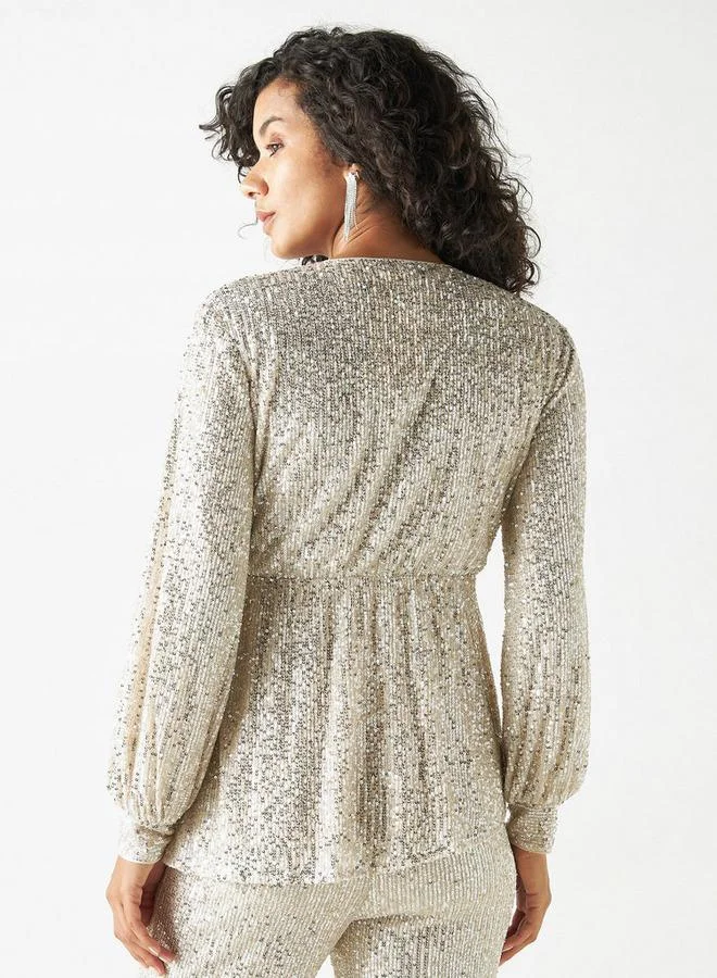 Iconic Iconic Sequin Embellished Wrap Top with Elasticated Waist