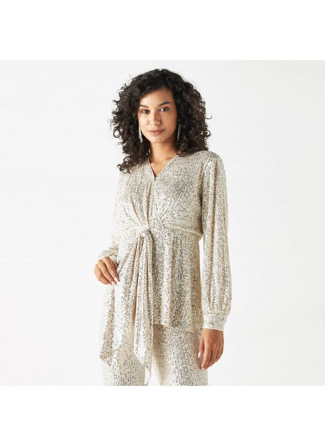 Iconic Iconic Sequin Embellished Wrap Top with Elasticated Waist  - Image 1
