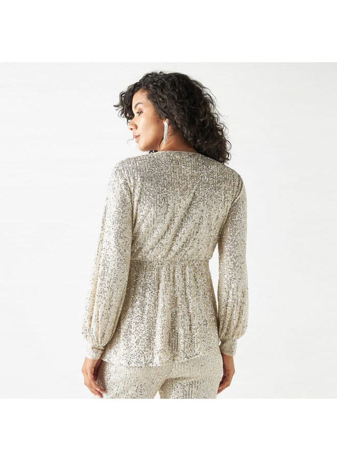 Iconic Iconic Sequin Embellished Wrap Top with Elasticated Waist  - Image 3