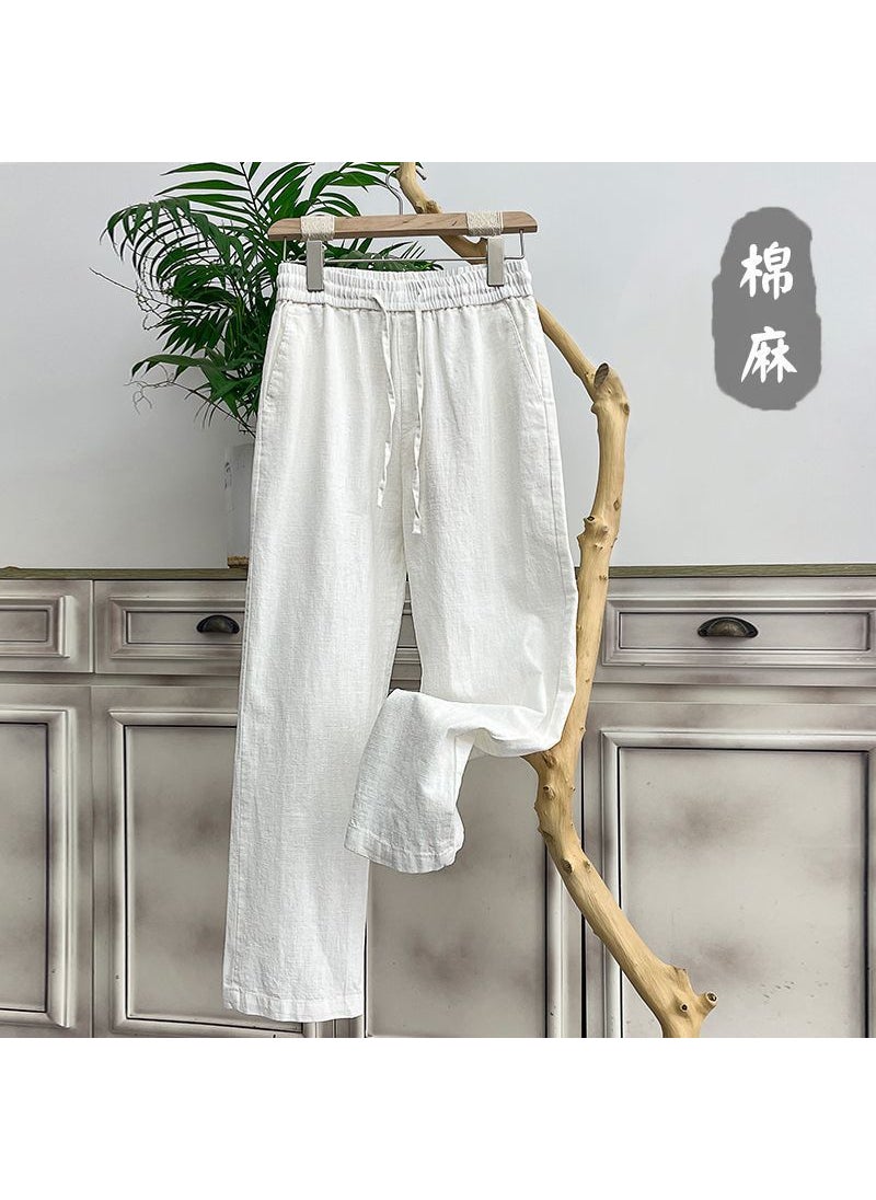 Generic - High-End Pure Linen Mens Summer Thin Casual Loose Straight Leg Cotton-Linen Pants High Waist Long Trousers for Men White - Image 1