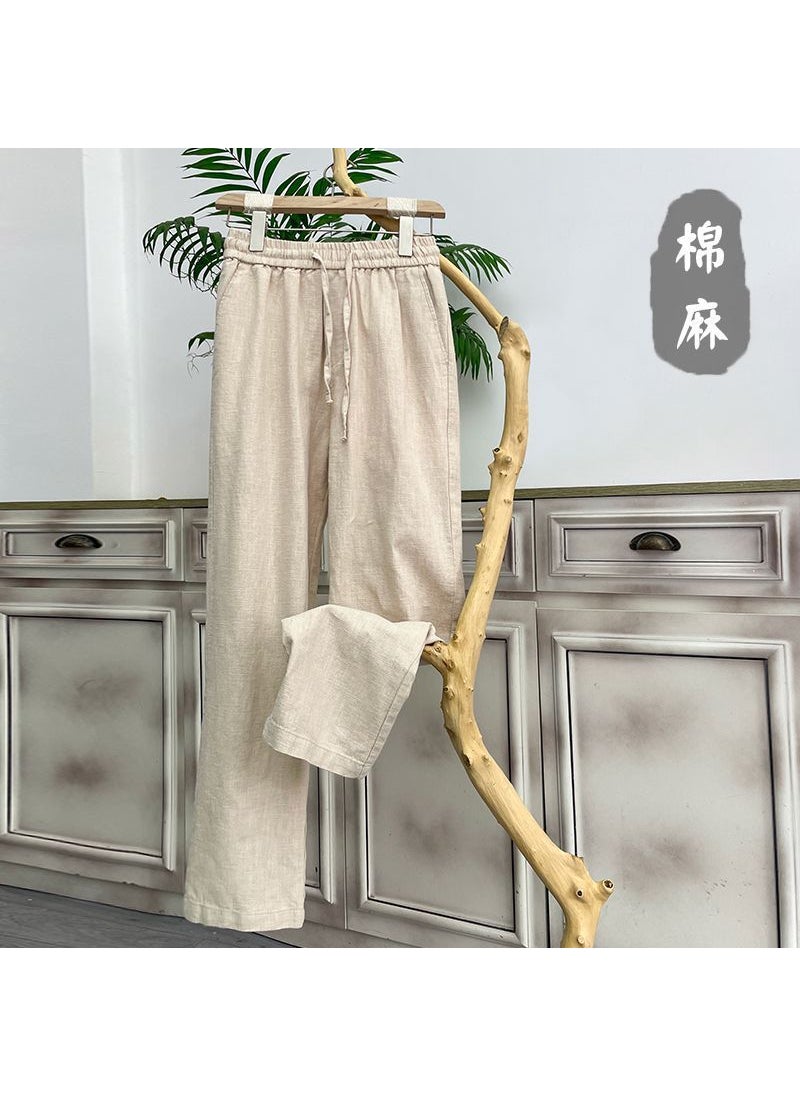 Generic - High-End Pure Linen Mens Summer Thin Casual Loose Straight Leg Cotton-Linen Pants High Waist Long Trousers for Men White - Image 1