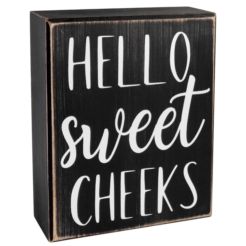 Pigort Hello Sweet Cheeks Sign  Bathroom Decor Modern Farmhouse Home Accent  Rustic Black Wood Shelf Plaque Box Sign for Women Family Friend 5X6X18 INCH
