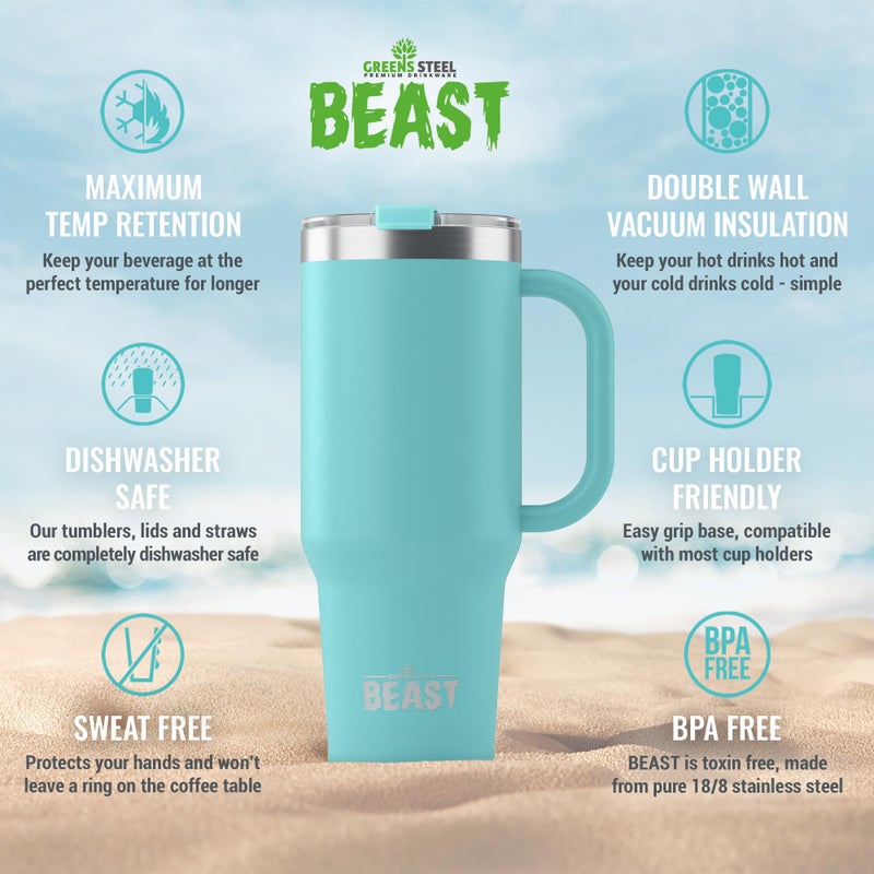 Greens Steel Beast 42 oz Tumbler Stainless Steel Vacuum Insulated Coffee Ice Cup Double Wall Travel Flask (Aqua Blue)  - Image 4