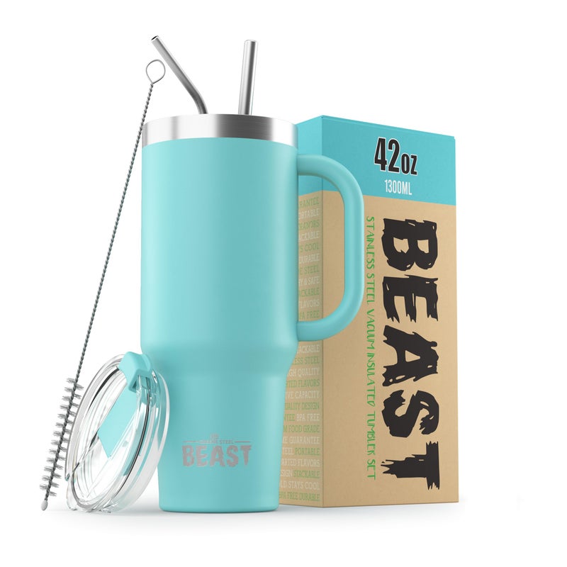 Greens Steel Beast 42 oz Tumbler Stainless Steel Vacuum Insulated Coffee Ice Cup Double Wall Travel Flask (Aqua Blue)  - Image 1