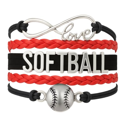Infinity Collection Softball Charm Bracelet (Black/Red) Bracelets, Adjustable Bracelet with Softball Charm. Braided Bracelets for Softball Players, Softball Team, and Coaches - by SPORTYBELLA - Image 1