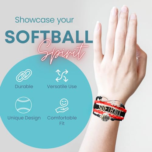 Infinity Collection Softball Charm Bracelet (Black/Red) Bracelets, Adjustable Bracelet with Softball Charm. Braided Bracelets for Softball Players, Softball Team, and Coaches - by SPORTYBELLA - Image 2