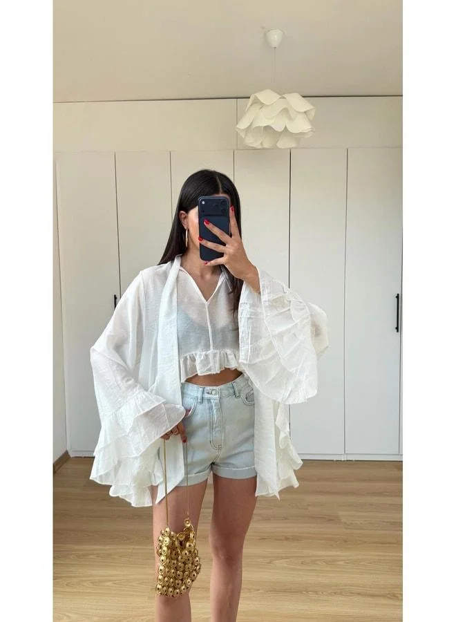 Gaus White Shawl Detailed Ruffled Blouse GAUS-01597.