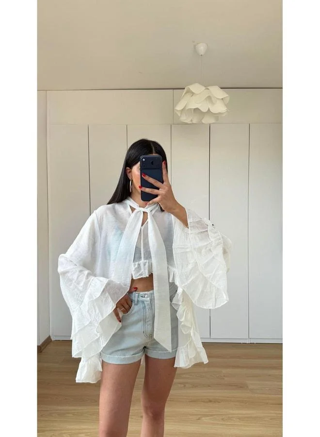 Gaus White Shawl Detailed Ruffled Blouse GAUS-01597.