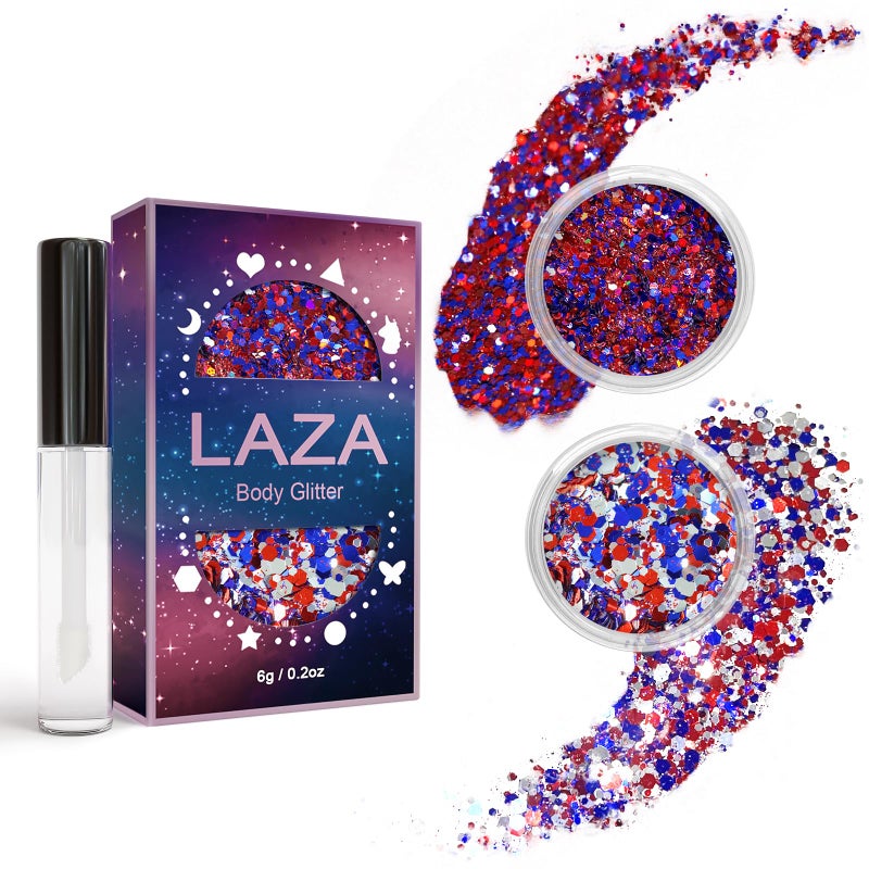 Laza Independence Day Body Glitter, 2 Jars Olympic Red Blue White Chunky Sequins with Glue Women Eyeshadow 4th of July Face Paint Festival Rave Outfit Hair Accessories Party Costumes â€“ Circus Carnival - Image 1
