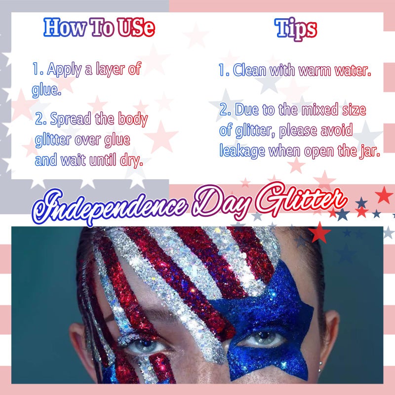 Laza Independence Day Body Glitter, 2 Jars Olympic Red Blue White Chunky Sequins with Glue Women Eyeshadow 4th of July Face Paint Festival Rave Outfit Hair Accessories Party Costumes â€“ Circus Carnival - Image 4