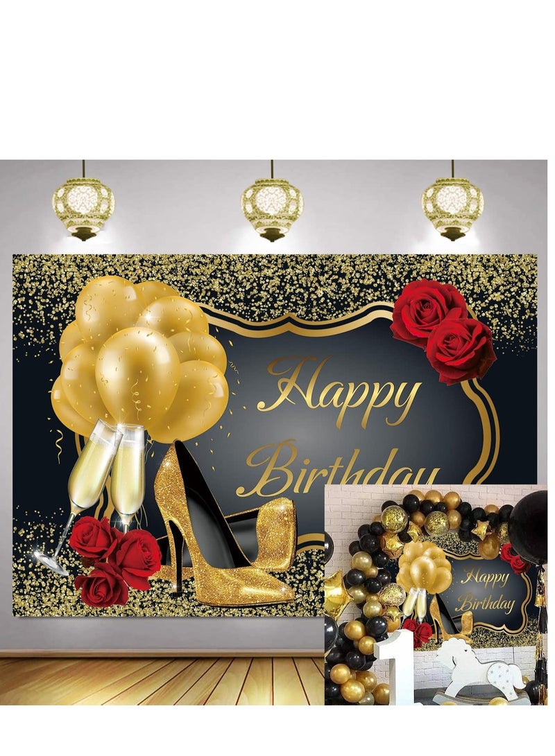 KASTWAVE Happy Birthday Backdrop Banner Glitter Gold Red Rose Floral Golden Balloons Gold High Heels Birthday Sign Poster Photography Background Supply for Anniversary Party Decorations 100*150 CM - Image 1