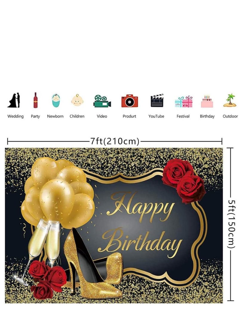 KASTWAVE Happy Birthday Backdrop Banner Glitter Gold Red Rose Floral Golden Balloons Gold High Heels Birthday Sign Poster Photography Background Supply for Anniversary Party Decorations 100*150 CM - Image 3