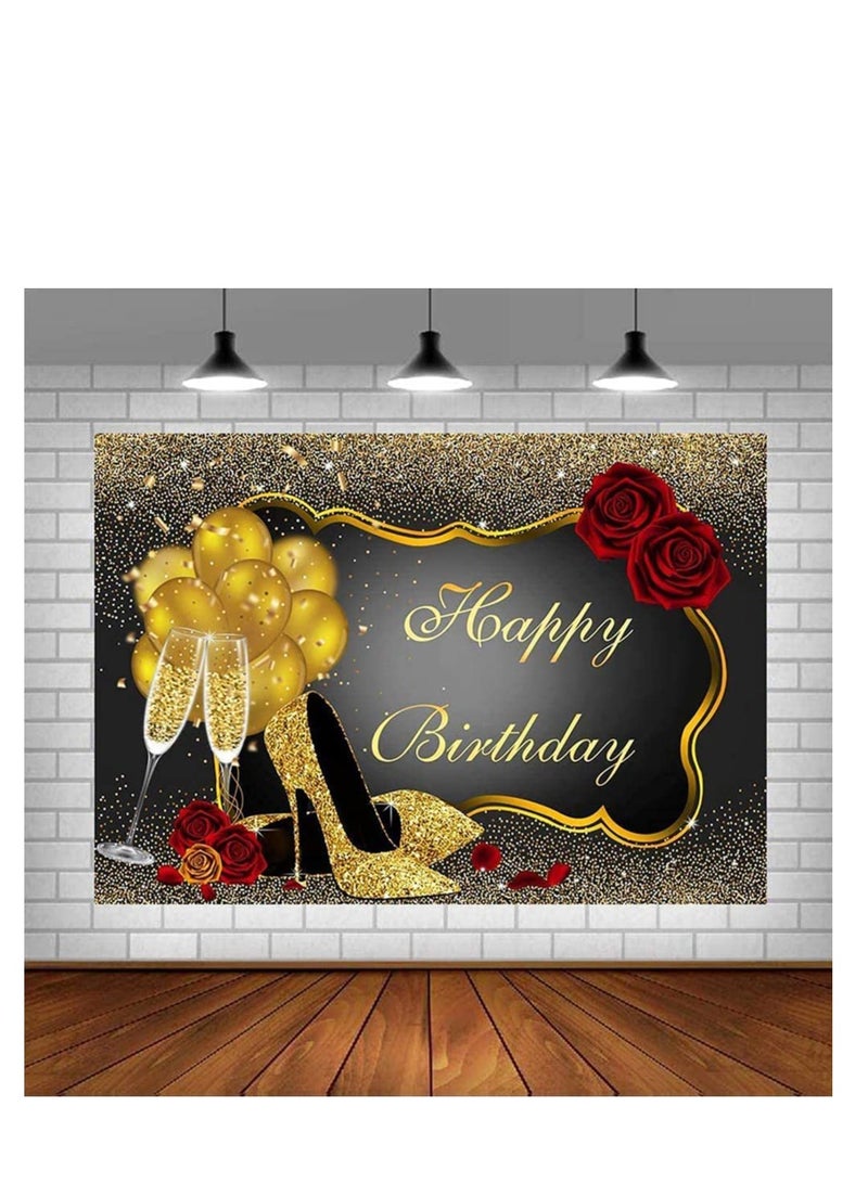 KASTWAVE Happy Birthday Backdrop Banner Glitter Gold Red Rose Floral Golden Balloons Gold High Heels Birthday Sign Poster Photography Background Supply for Anniversary Party Decorations 100*150 CM - Image 2